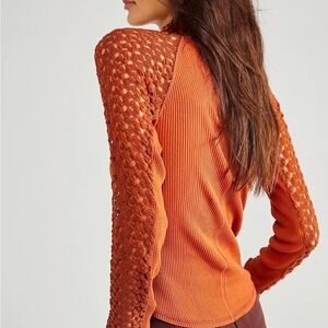 Free People Clemente Long Sleeve High Neck Top Ribbed Burnt Orange Lace Medium
